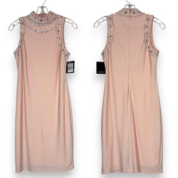 Pink Mini Cocktail Sheath Dress Sequin Rhinestone Cocktail Mock Neck 4 - Picture 2 of 13